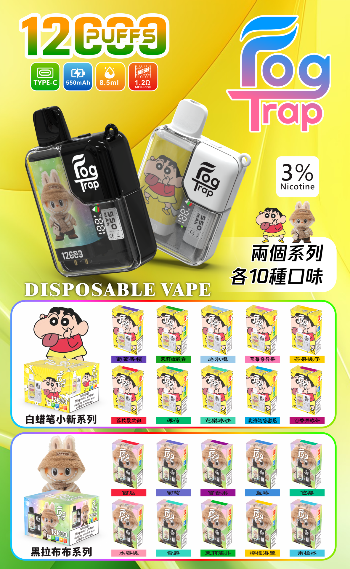 Fog Trap 蠟筆小新 LABUBU 聯名一次性電子煙 外觀展示